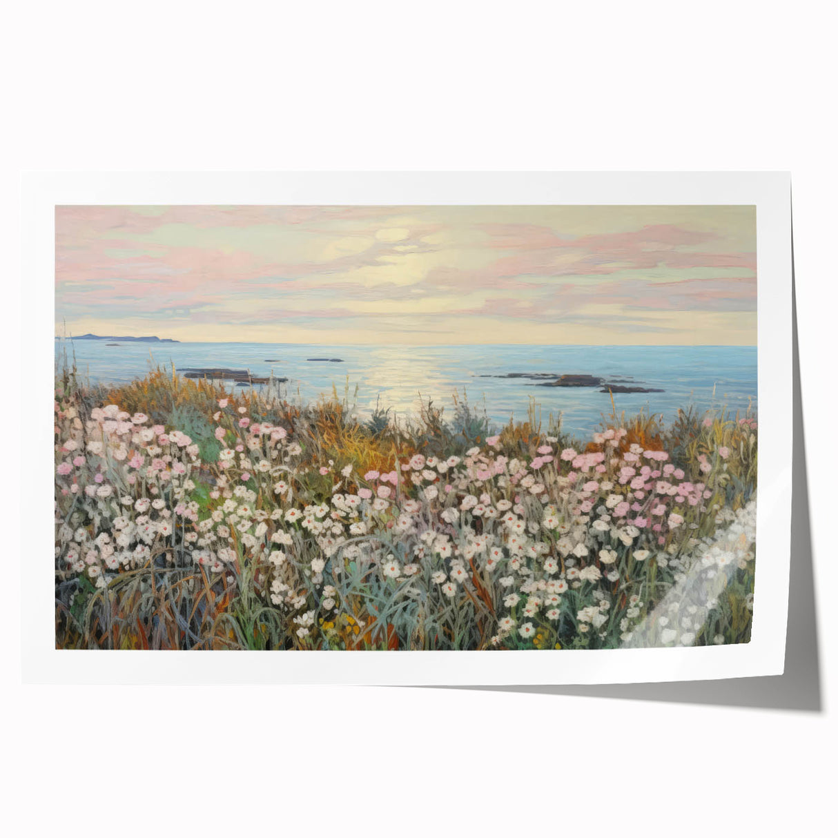 Vintage Landscape Art - Coastal Flowers and Ocean Horizon