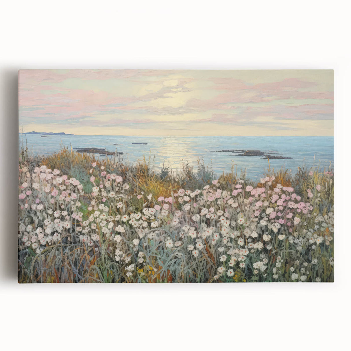 Vintage Landscape Art - Coastal Flowers and Ocean Horizon