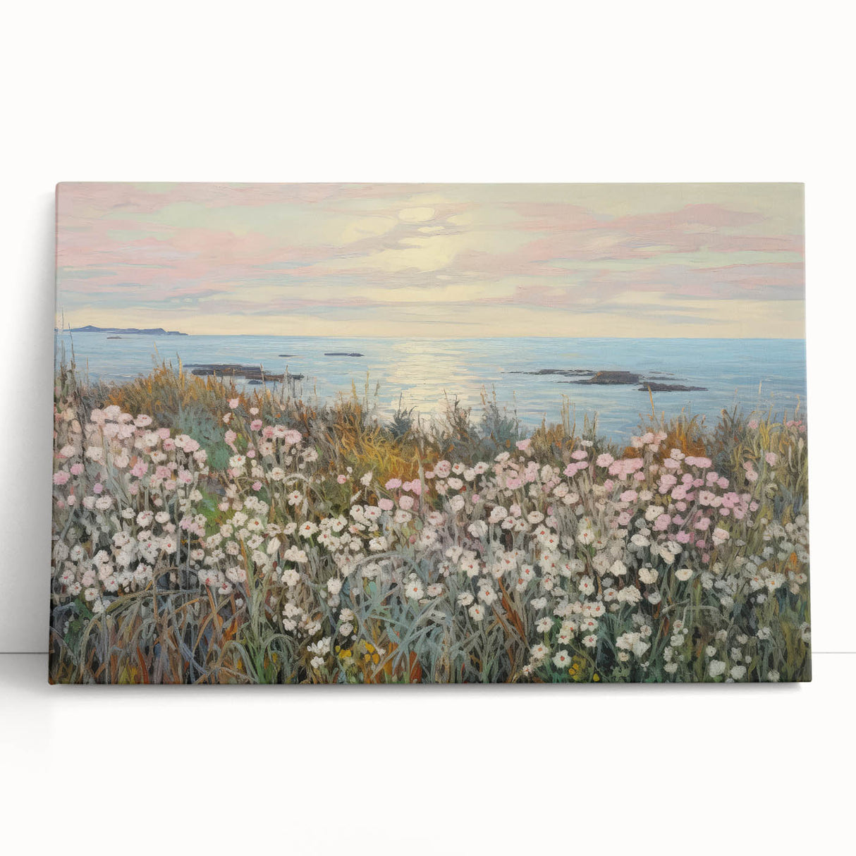 Vintage Landscape Art - Coastal Flowers and Ocean Horizon