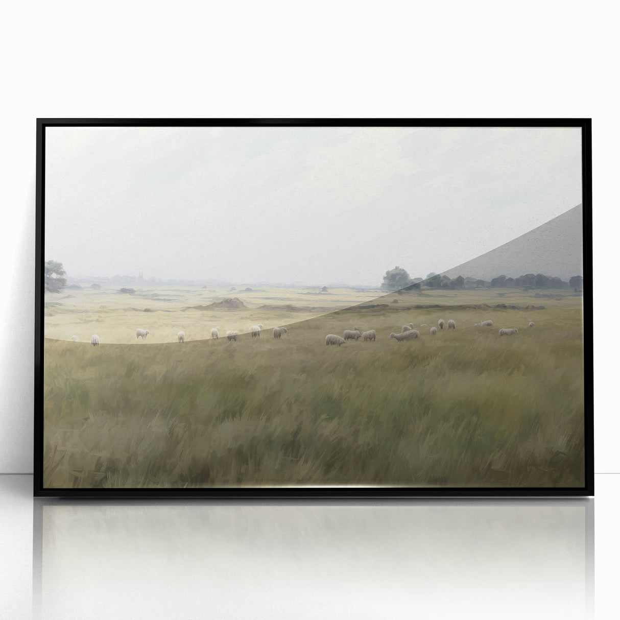 Vintage Landscape Art - Grazing Sheep in a Serene Meadow
