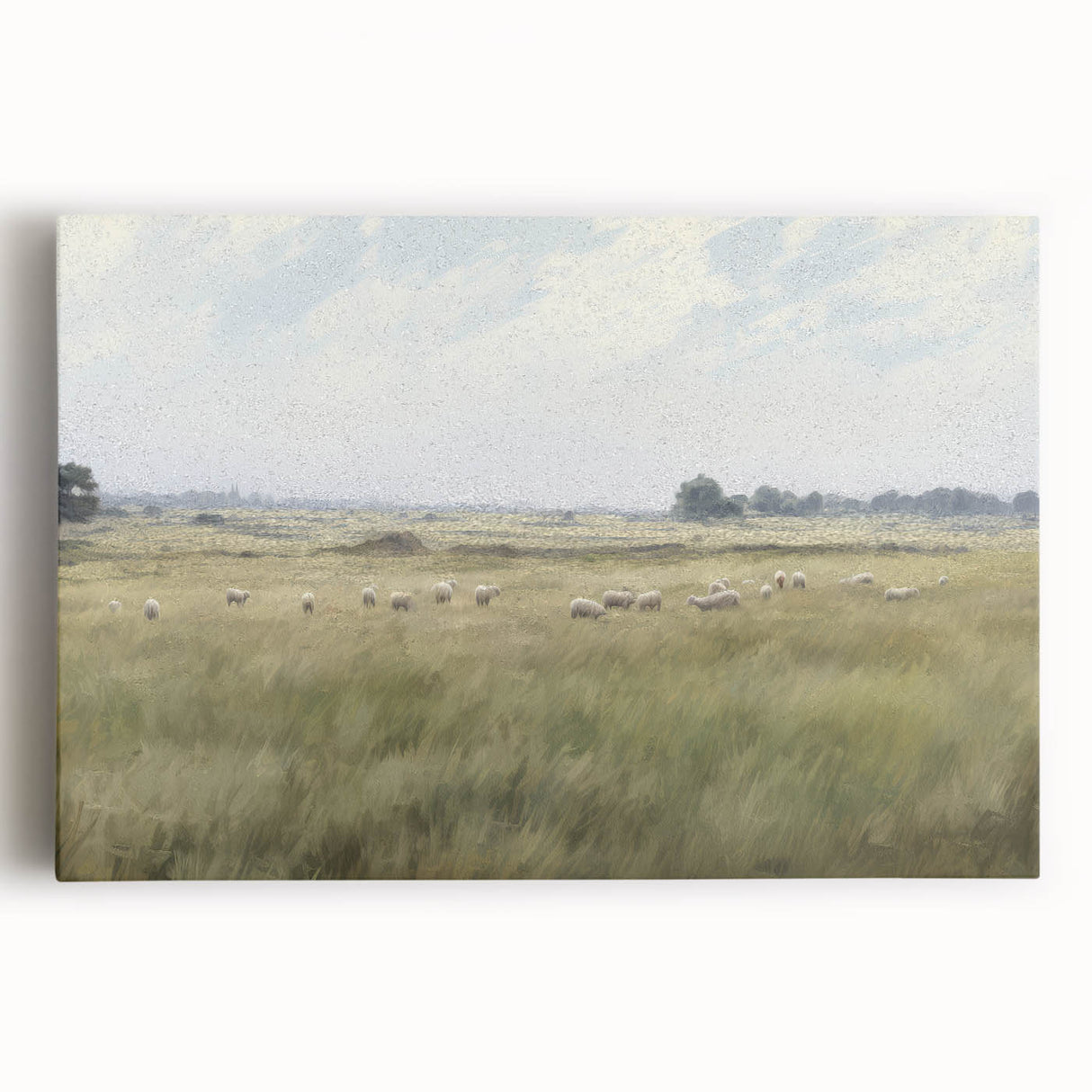 Vintage Landscape Art - Grazing Sheep in a Serene Meadow
