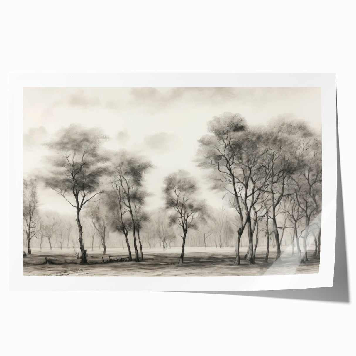 Vintage Landscape Art - Misty Forest with Bare Trees