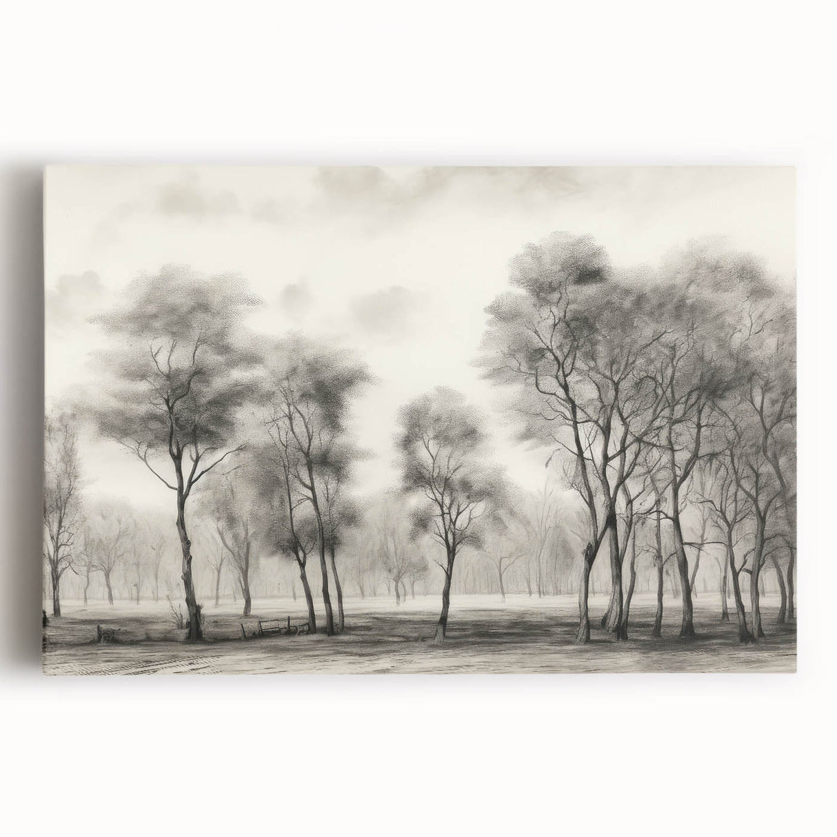 Vintage Landscape Art - Misty Forest with Bare Trees