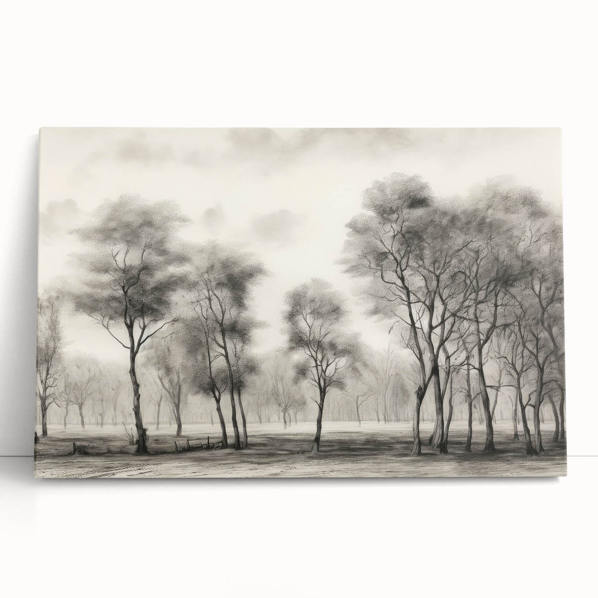 Vintage Landscape Art - Misty Forest with Bare Trees