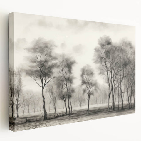 Vintage Landscape Art - Misty Forest with Bare Trees