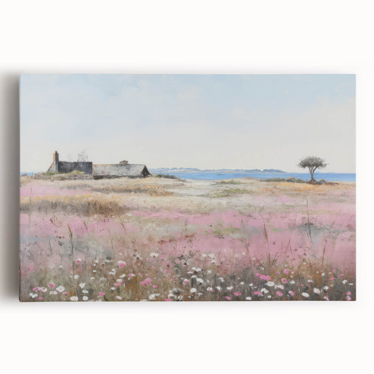 Vintage Landscape Art - Coastal Cottage with Blooming Flowers