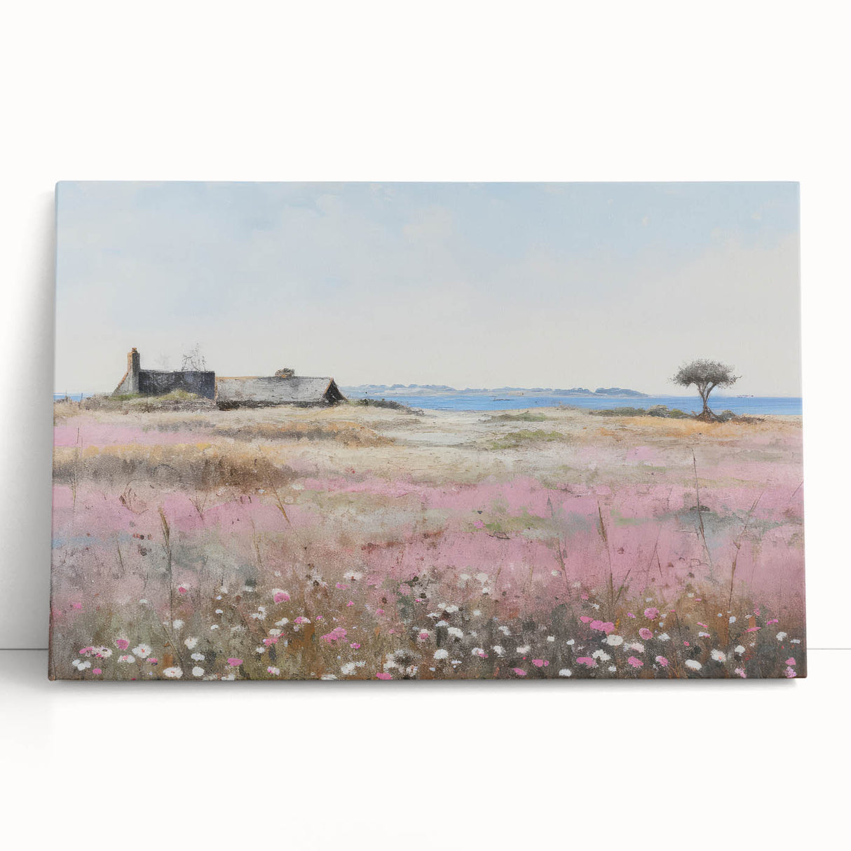 Vintage Landscape Art - Coastal Cottage with Blooming Flowers