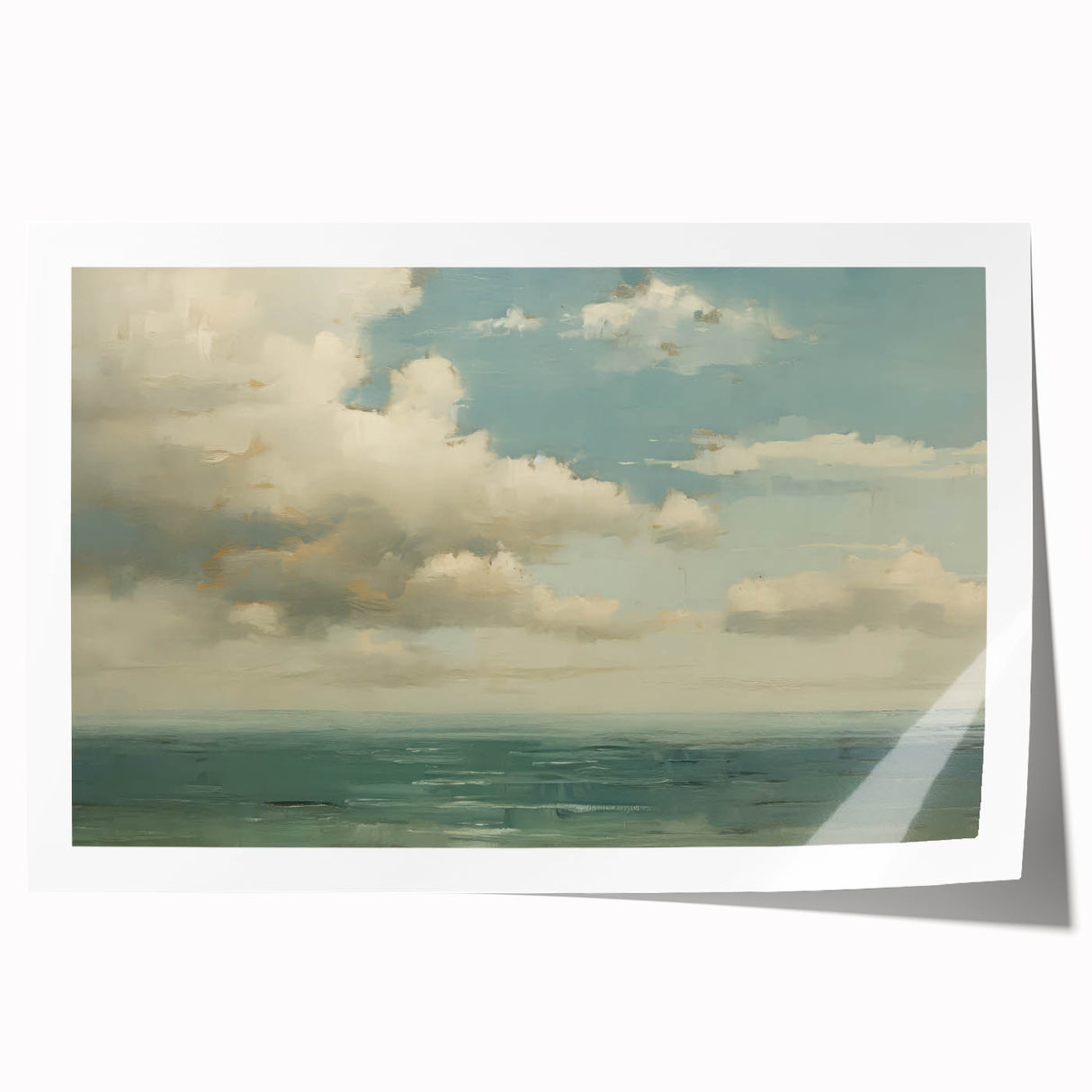Vintage Landscape Art - Calm Ocean with Soft Clouds
