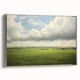 Vintage Landscape Art - Lush Green Fields Under Dramatic Clouds