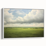 Vintage Landscape Art - Lush Green Fields Under Dramatic Clouds