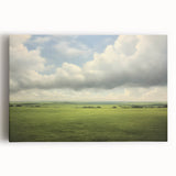 Vintage Landscape Art - Lush Green Fields Under Dramatic Clouds