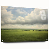 Vintage Landscape Art - Lush Green Fields Under Dramatic Clouds