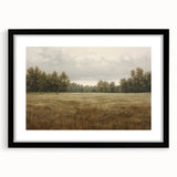 Vintage Landscape Art - Tranquil Field and Trees Under Cloudy Sky