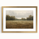 Vintage Landscape Art - Tranquil Field and Trees Under Cloudy Sky