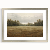 Vintage Landscape Art - Tranquil Field and Trees Under Cloudy Sky