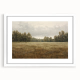 Vintage Landscape Art - Tranquil Field and Trees Under Cloudy Sky