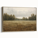 Vintage Landscape Art - Tranquil Field and Trees Under Cloudy Sky