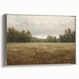 Vintage Landscape Art - Tranquil Field and Trees Under Cloudy Sky