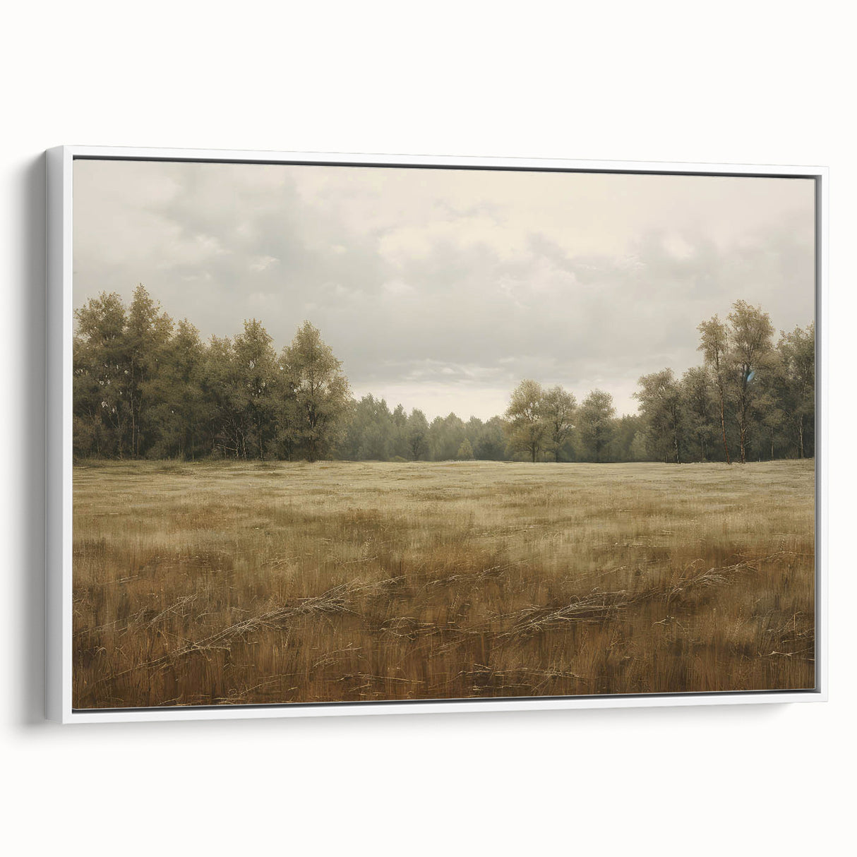 Vintage Landscape Art - Tranquil Field and Trees Under Cloudy Sky