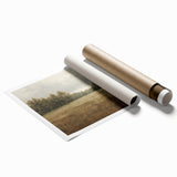 Vintage Landscape Art - Tranquil Field and Trees Under Cloudy Sky