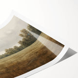Vintage Landscape Art - Tranquil Field and Trees Under Cloudy Sky