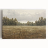 Vintage Landscape Art - Tranquil Field and Trees Under Cloudy Sky