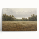 Vintage Landscape Art - Tranquil Field and Trees Under Cloudy Sky