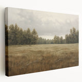 Vintage Landscape Art - Tranquil Field and Trees Under Cloudy Sky