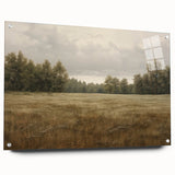 Vintage Landscape Art - Tranquil Field and Trees Under Cloudy Sky