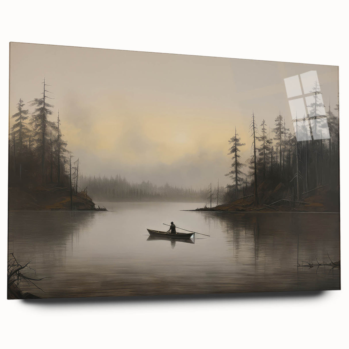 Vintage Boat in Foggy Lake Landscape Art - Tranquil Forest Scene