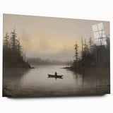 Vintage Boat in Foggy Lake Landscape Art - Tranquil Forest Scene