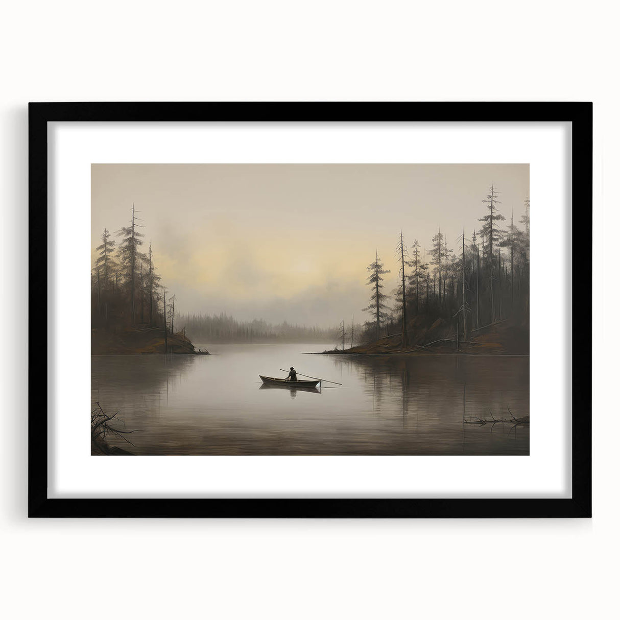 Vintage Boat in Foggy Lake Landscape Art - Tranquil Forest Scene