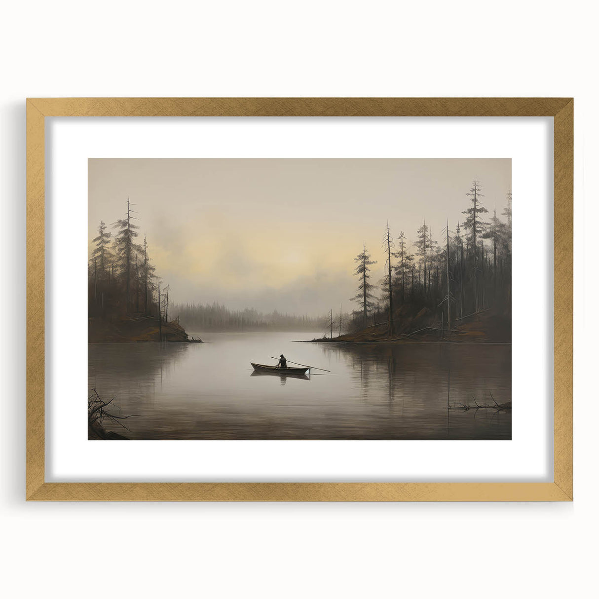 Vintage Boat in Foggy Lake Landscape Art - Tranquil Forest Scene