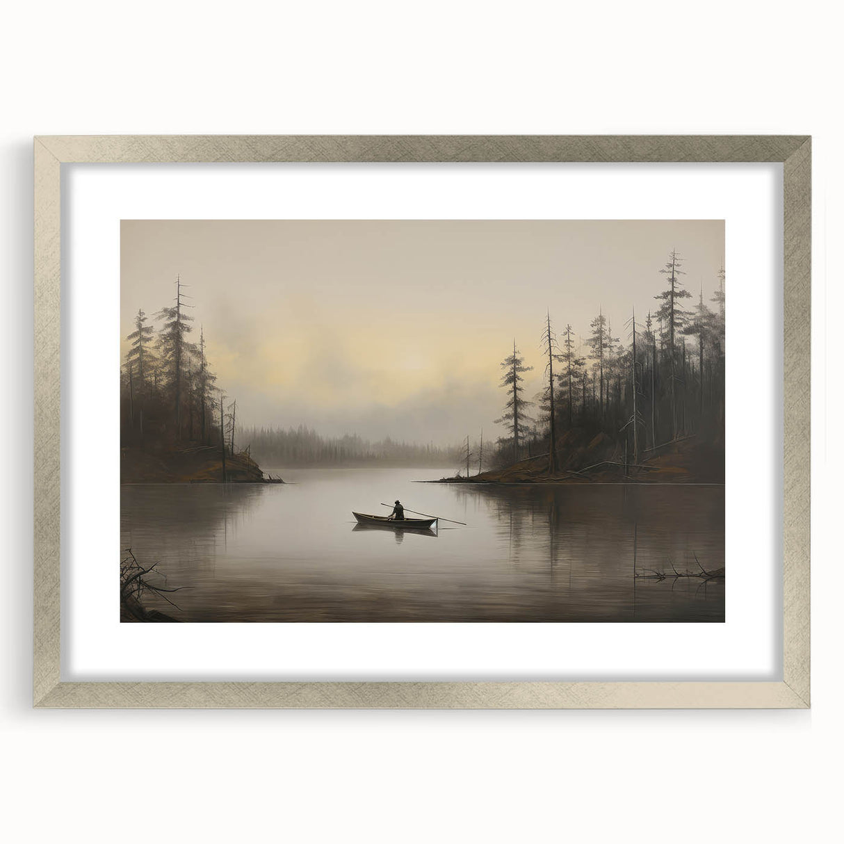 Vintage Boat in Foggy Lake Landscape Art - Tranquil Forest Scene