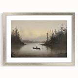 Vintage Boat in Foggy Lake Landscape Art - Tranquil Forest Scene