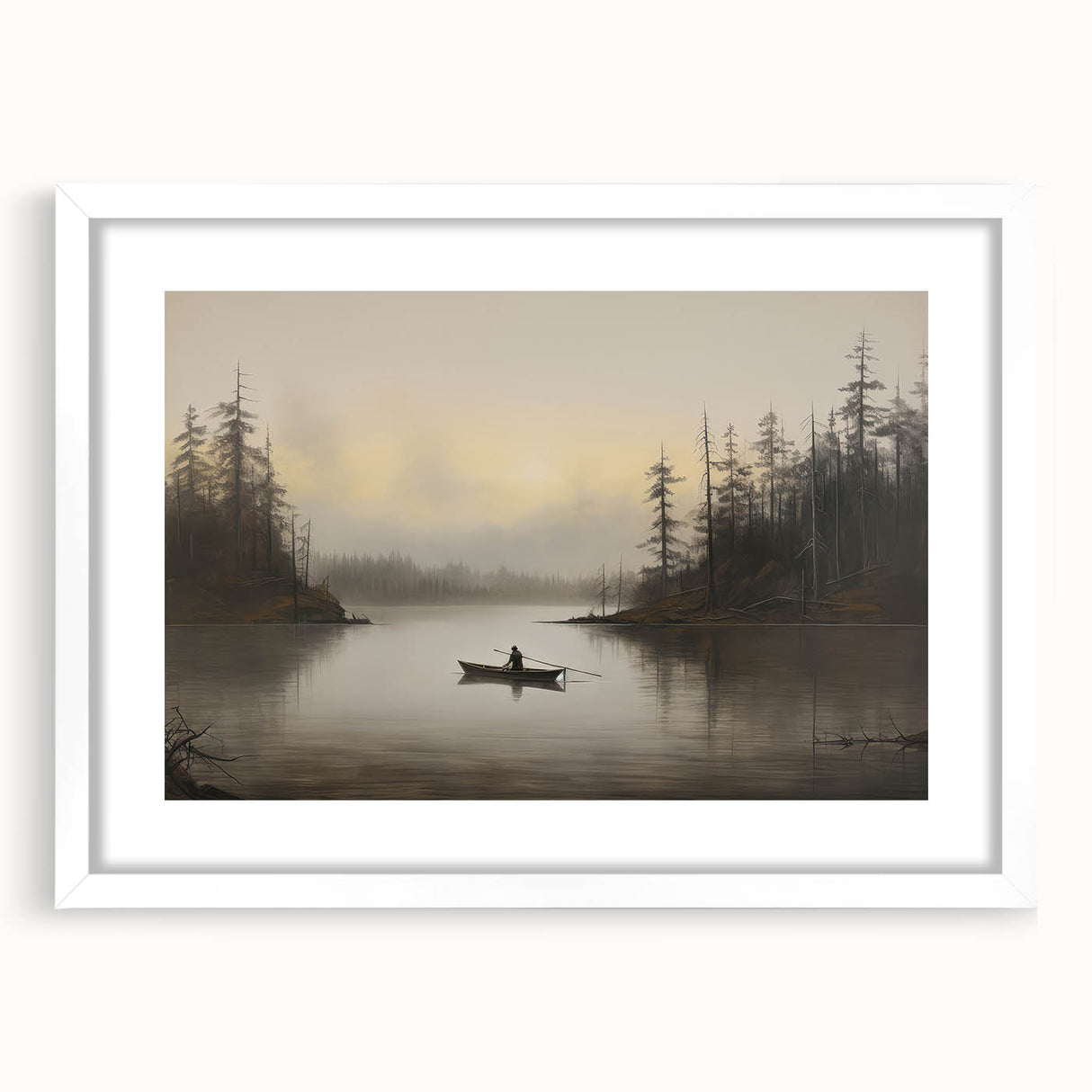 Vintage Boat in Foggy Lake Landscape Art - Tranquil Forest Scene