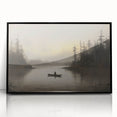 Vintage Boat in Foggy Lake Landscape Art - Tranquil Forest Scene