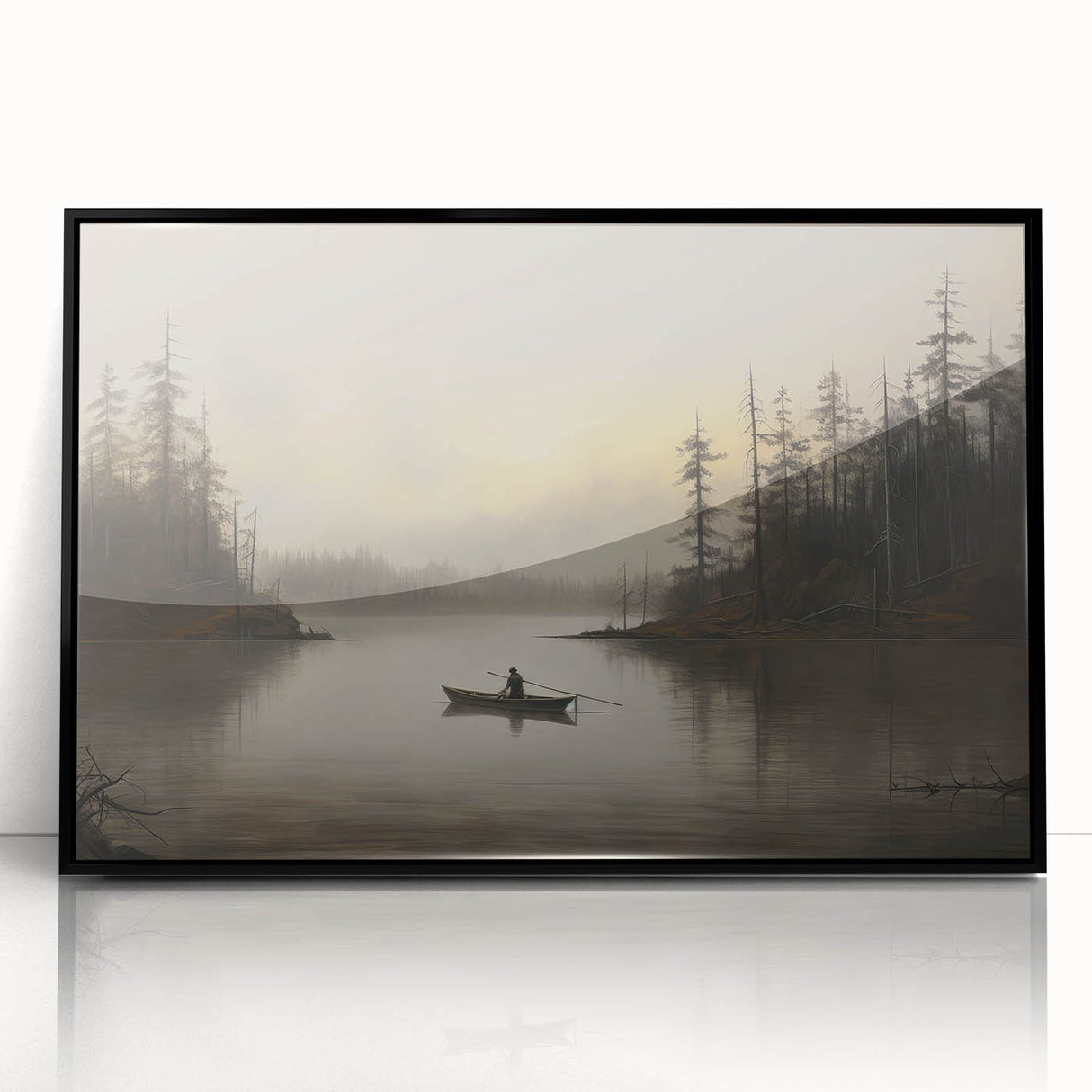 Vintage Boat in Foggy Lake Landscape Art - Tranquil Forest Scene