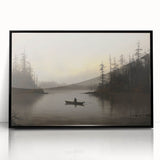 Vintage Boat in Foggy Lake Landscape Art - Tranquil Forest Scene