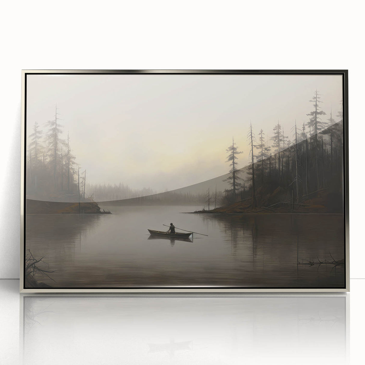 Vintage Boat in Foggy Lake Landscape Art - Tranquil Forest Scene