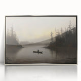 Vintage Boat in Foggy Lake Landscape Art - Tranquil Forest Scene