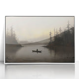 Vintage Boat in Foggy Lake Landscape Art - Tranquil Forest Scene