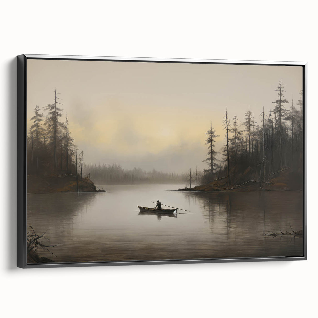 Vintage Boat in Foggy Lake Landscape Art - Tranquil Forest Scene