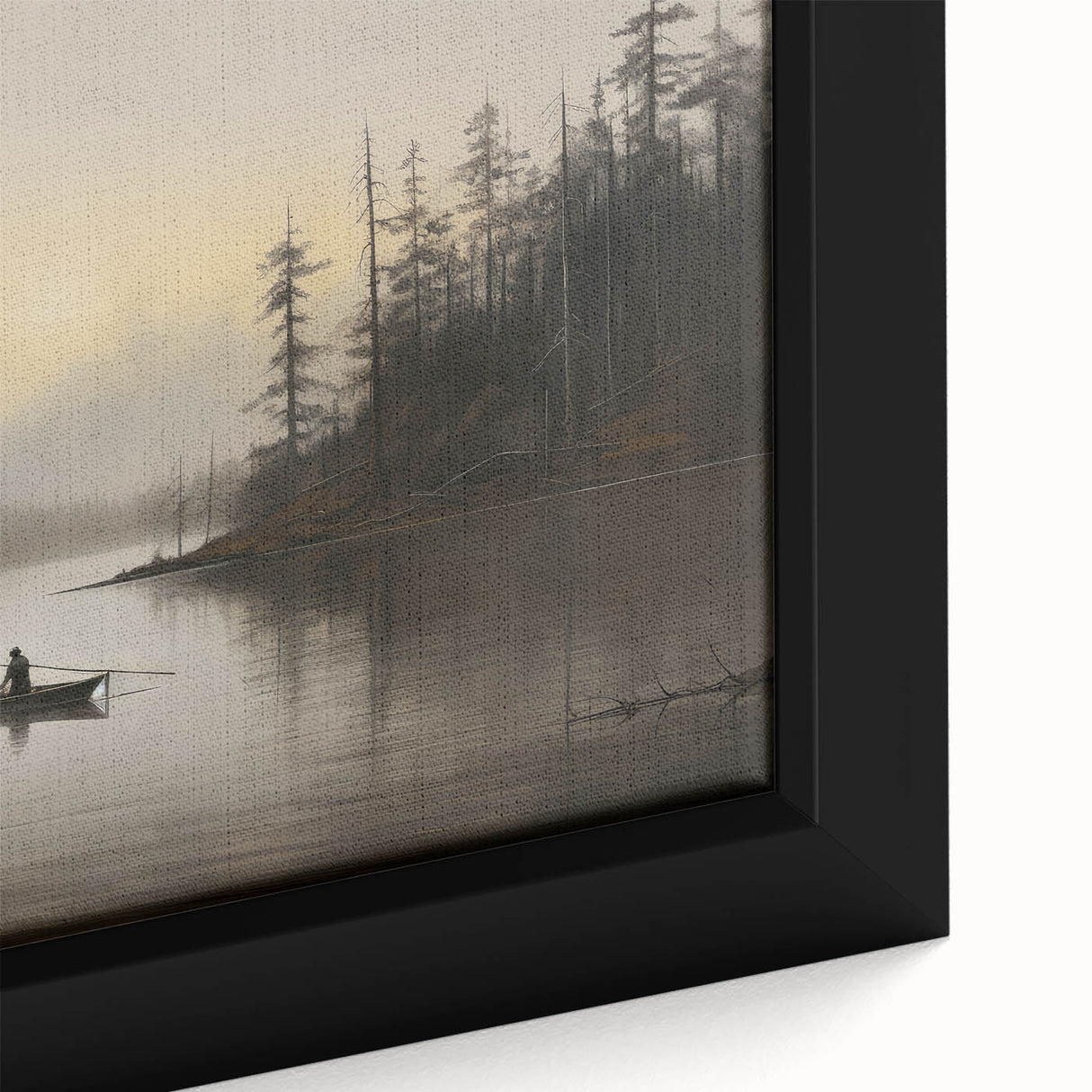 Vintage Boat in Foggy Lake Landscape Art - Tranquil Forest Scene