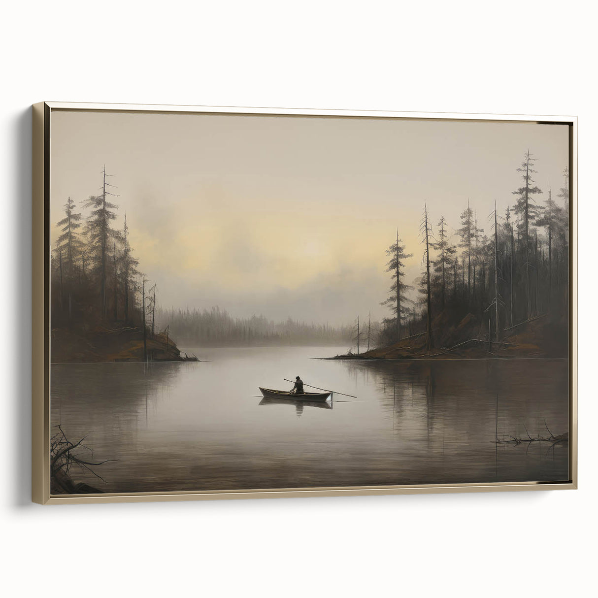 Vintage Boat in Foggy Lake Landscape Art - Tranquil Forest Scene