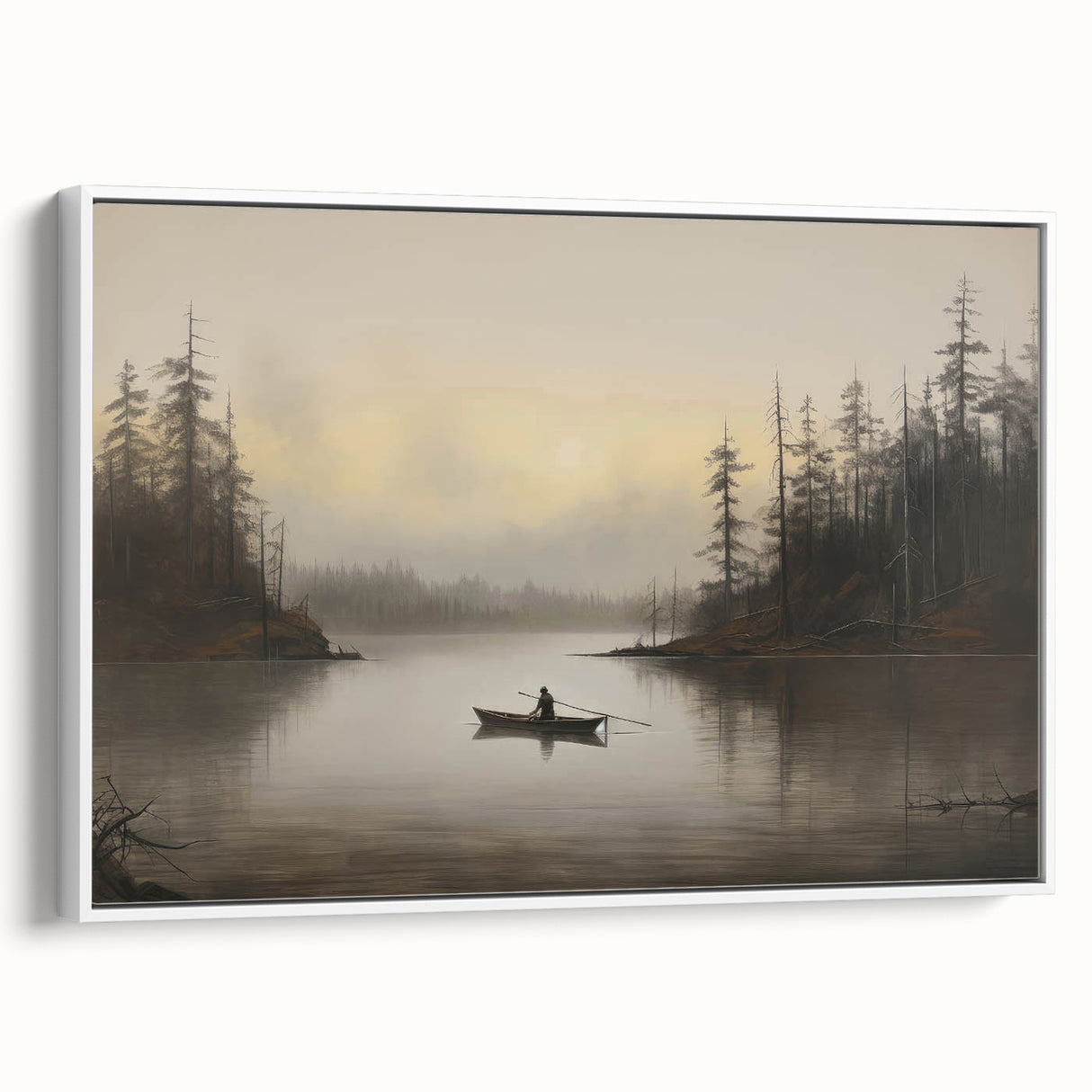 Vintage Boat in Foggy Lake Landscape Art - Tranquil Forest Scene