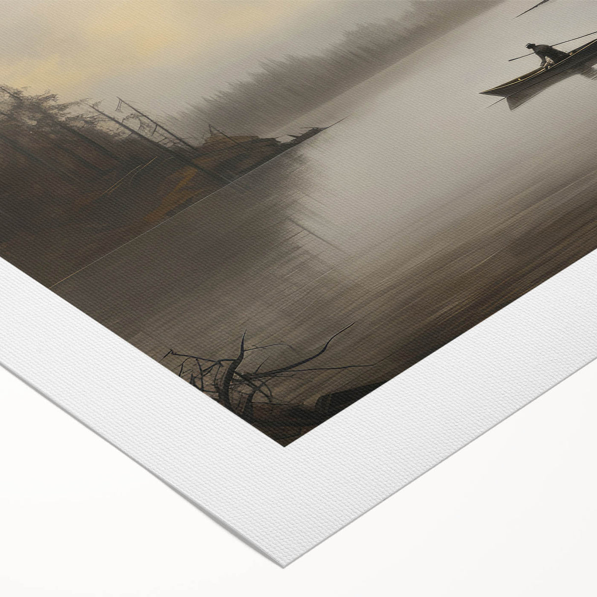 Vintage Boat in Foggy Lake Landscape Art - Tranquil Forest Scene