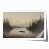 Vintage Boat in Foggy Lake Landscape Art - Tranquil Forest Scene