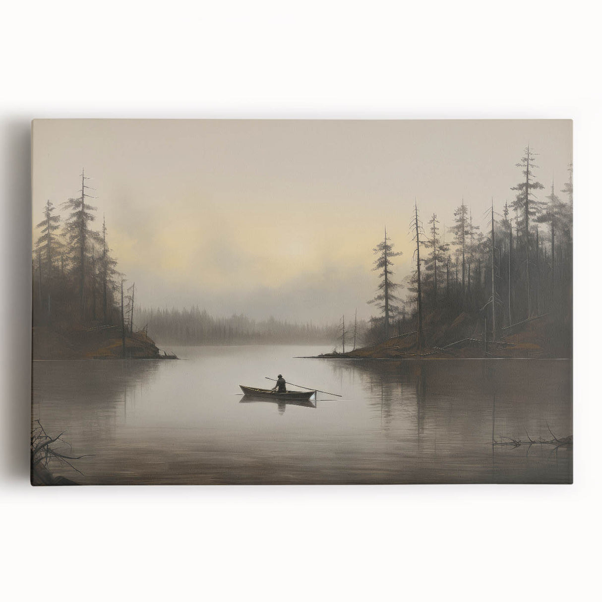Vintage Boat in Foggy Lake Landscape Art - Tranquil Forest Scene