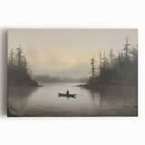 Vintage Boat in Foggy Lake Landscape Art - Tranquil Forest Scene